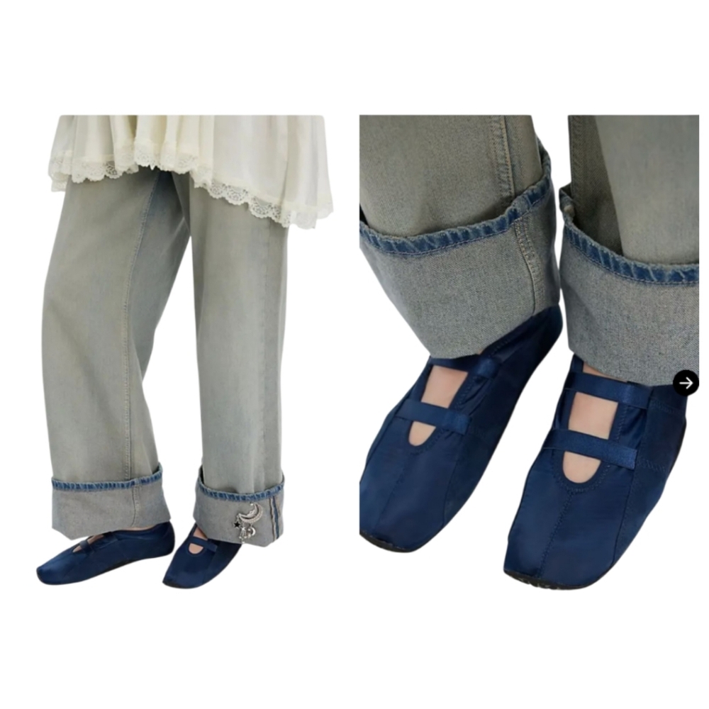 Free People Sofie Sporty Ballerina Flats Navy Suede Square Toe Combo 9-9.5 EUC